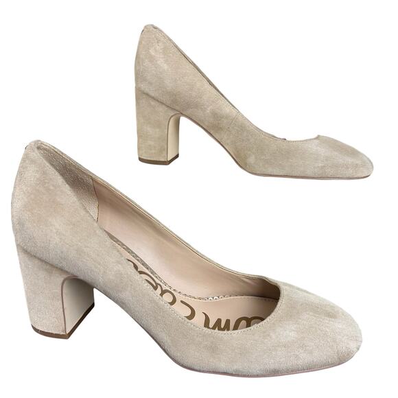 Sam Edelman Junie Suede Pumps Women Size 9.5 M Oatmeal Beige Block Heel Classic - Picture 1 of 10